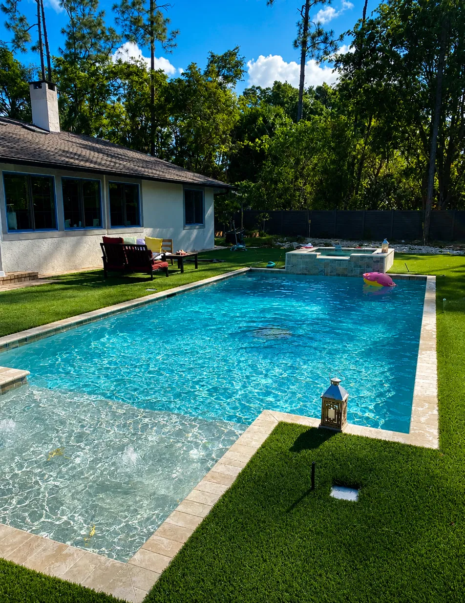 Backyard pool with travertine deck